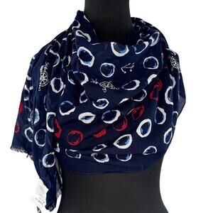 Fraas Navy Red White Nautical Rectangle Scarf Cotton Bold Casual Fringe Hem NEW